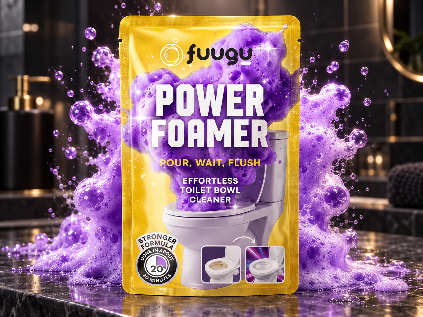 Fuugu Power Foamer pouch on a dark marble counter with purple foam bursting behind it