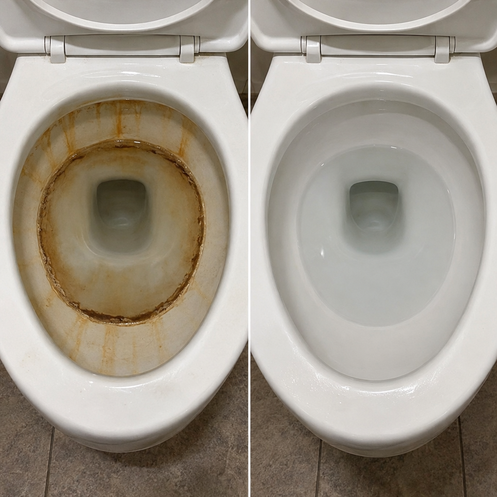 Before and after: toilet bowl with a dark hard-water ring and rust streaks, then clean white
